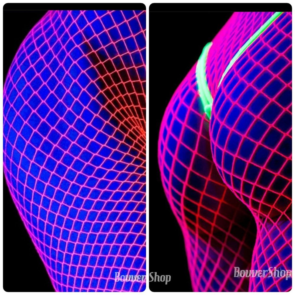 HOT pink UV Blacklight reactive Neon Fishnet Tights Kylie Wide Diamond Glow Dark